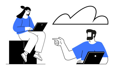 Two professionals engaged, working on laptops. Ideal for remote work, teamwork, online communication, cloud computing, digital collaboration, modern office technology integration. Abstract line flat