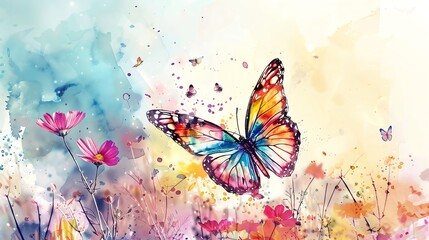 Obraz premium A watercolor painting of a colorful butterfly flying in a field of flowers.