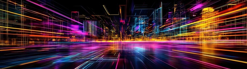 Fototapeta premium Stunning abstract cityscape with futuristic neon lights radiant motion trails and a blurred high speed perspective of a dynamic illuminated urban landscape This digital showcases a vibrant