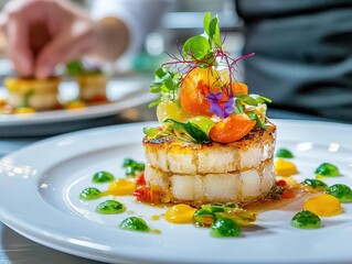 gourmet dish food on plate to customers 5star michelin restaurant kitchen closeup detailed artwork