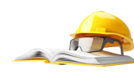 Hard hat and book on plaid, essential tools for construction education