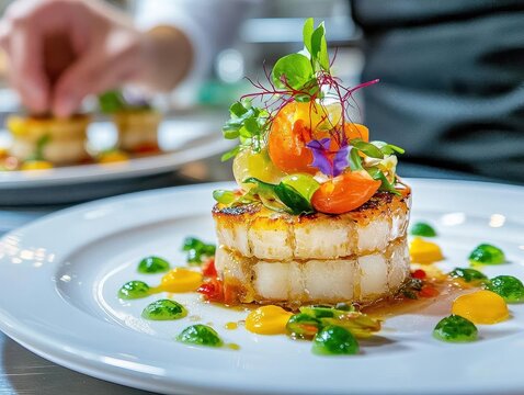 gourmet dish food on plate to customers 5star michelin restaurant kitchen closeup detailed artwork