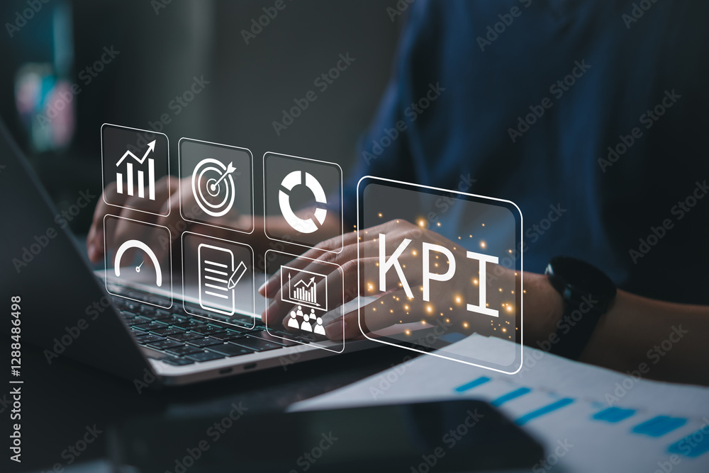 Poster kpi dashboard concept showing hands on laptop with analytics icons charts and targets. perfect for b