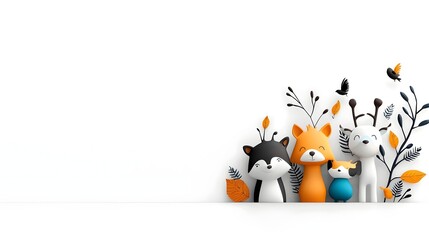Adorable doodle style animals like fox bear raccoon and bird peeking playfully from the edges of a minimalist white background with colorful floral and leaf elements