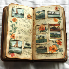 Artistic watercolor painting of an open summer travel journal with handwritten notes, pressed flowers, tiny sketches of famous landmarks, and a polaroid photo of a tropical beach. Light and airy color