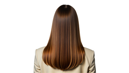 Naklejka premium Back view of woman with long brown hair in cream suit jacket. Ideal for fashion, beauty, or professional themes. Studio shot, soft light, white background. Isolated on transparent background.