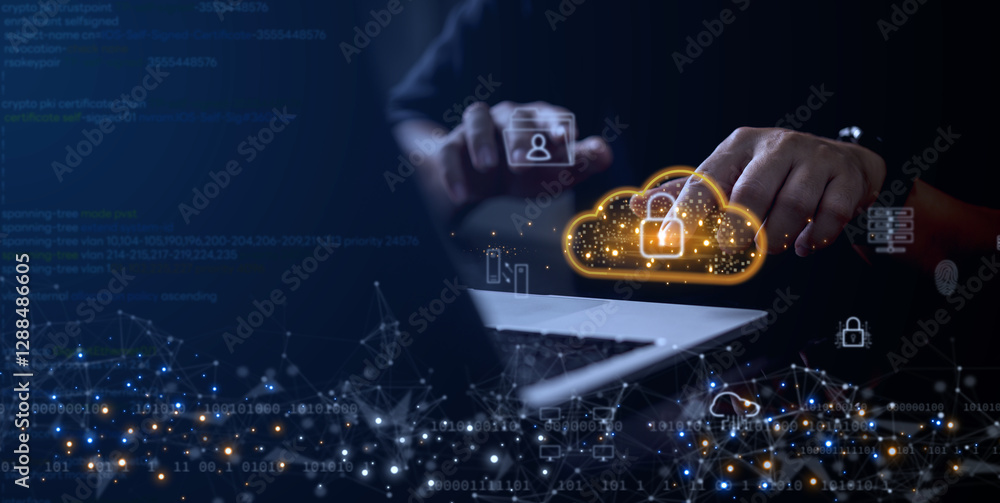 Aufkleber cybersecurity concept showing hands on laptop with glowing cloud lock icon and digital network backg