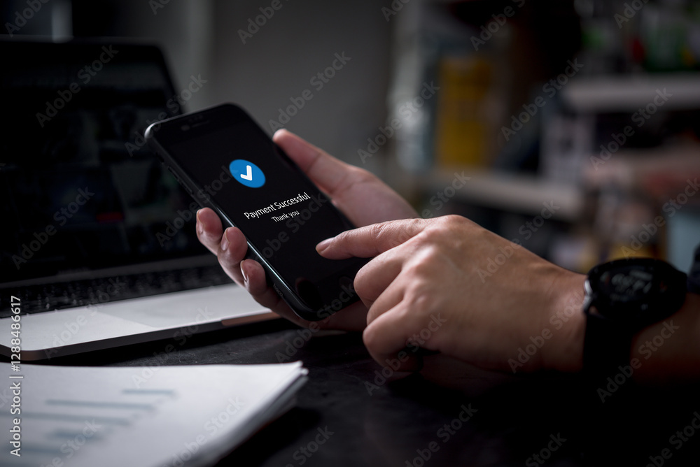 Poster online transaction and mobile banking with a smart device. secure digital payment, business communic