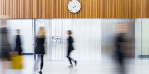 Obraz premium Busy Office Building Interior with Blurred People