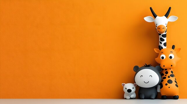 Adorable doodle style cartoon animals such as bear giraffe and panda peeking playfully from the edges of a vibrant orange background with ample white space  This whimsical