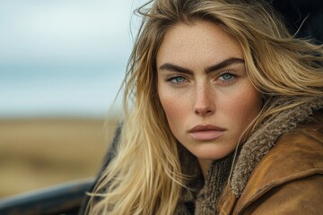 Fototapeta premium Young woman with striking features gazes thoughtfully into the distance during a cloudy day outdoors
