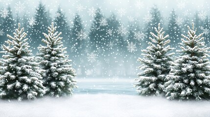 Fototapeta premium Snowy Winter Landscape with Evergreen Trees and Falling Snowflakes