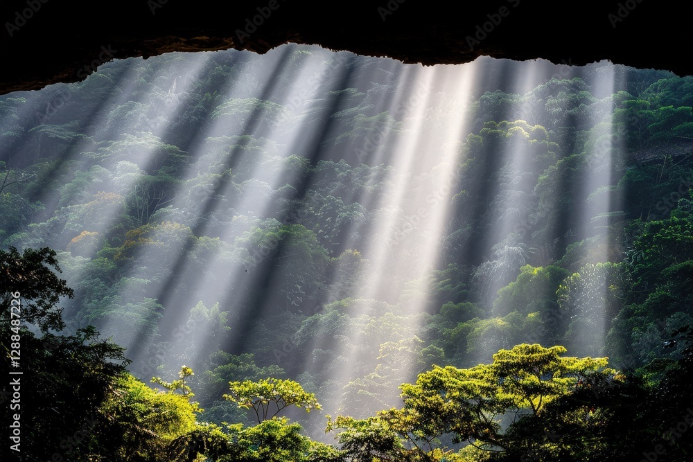 Poster light beams filter through a forest canopy, illuminating lush greenery and creating a serene, tranqu