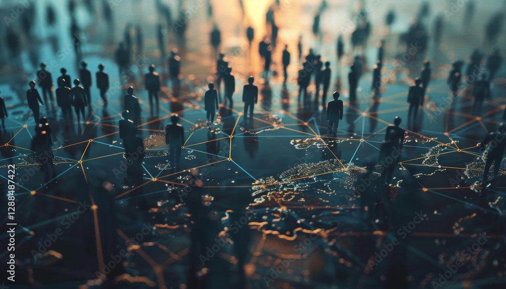 Poster global business network concept featuring silhouettes on a world map background in 3d style