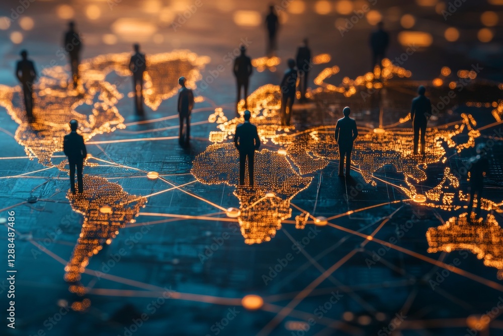 Poster abstract concept of business networks with global map and professionals collaborating online