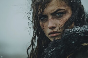 Fierce warrior stares defiantly in the cold mist of a winter landscape with snowflakes falling gently