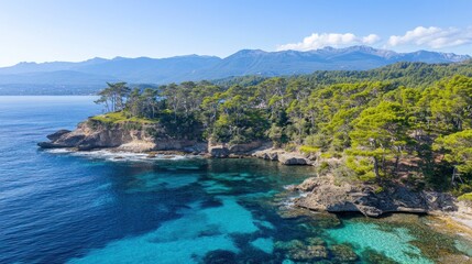 Coastal cliffs, turquoise waters, pine forest, mountain backdrop, aerial view