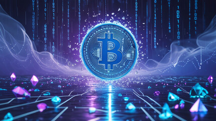 A Radiant Bitcoin Symbol Hovering in a Digital Void, Surrounded by Cyber-Mist and Neon Geometric Patterns, Representing the Power of Cryptocurrency in a Futuristic Digital Landscape