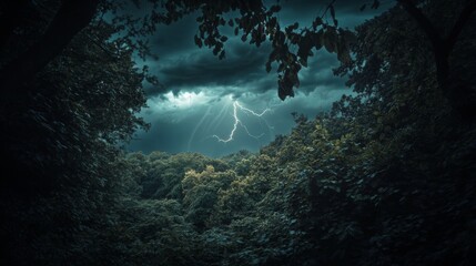 Obraz premium A stormy sky looms over a dense forest. Lightning strikes in the distance creating a dramatic scene. The beauty of nature shines through despite the turmoil. Generative AI