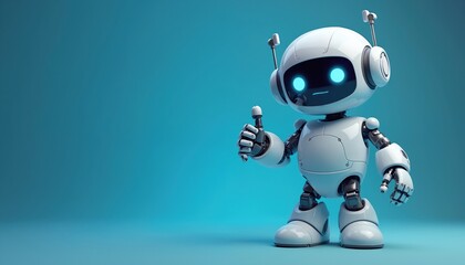 Cute cartoon robot 3D render on blue gradient background. Futuristic design, friendly AI assistant. White, light blue colors. Big expressive eyes, thumb up gesture. Clean minimalist tech style