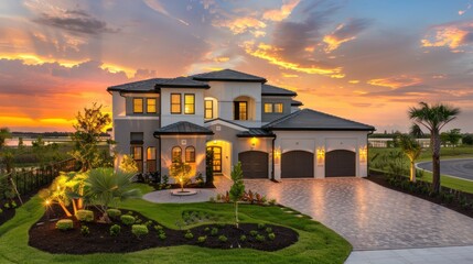 A modern luxury home in Florida featuring open spaces, large windows, and a beautiful sunset backdrop. stock photo --ar 16:9 --style raw --v 6 Job ID: 4ed8a581-d658-4b79-ac11-643fa0bf069b
