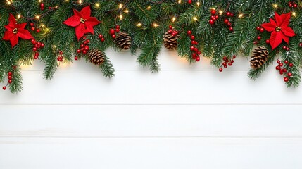 Festive garland lights wood background Christmas