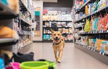 Happy Dog Running in a Pet Store