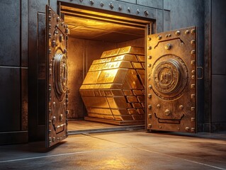A Massive Gold Bullion Treasure in a Secure Vault:  Illuminated Wealth and Luxurious Security