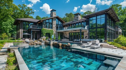 A contemporary luxury house featuring clean architecture, glass walls, and a luxurious pool. stock photo --ar 16:9 --style raw --v 6 Job ID: ede654e3-448e-434a-af3a-0312d315a551
