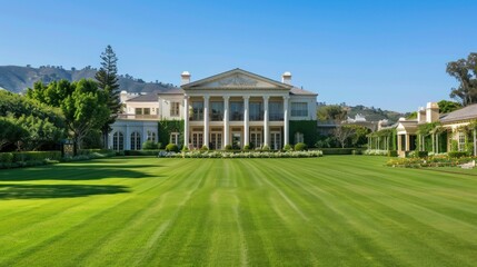 A sprawling luxury house with a pristine facade, expansive lawn, and manicured gardens. stock photo --ar 16:9 --style raw --v 6 Job ID: 552b2ee4-aa6b-4a4a-ae05-5f23aa8aa6d2
