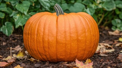 Close-up of a bright orange pumpkin with autumn leaves around it.