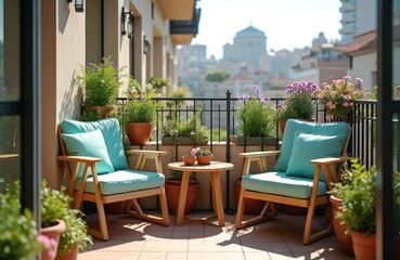 Balcony with chairs and wooden table surrounded by potted flowers plants. Relaxing terrace, urban apartment. Home decor, summer garden, fresh style. City view background. Outdoor furniture.