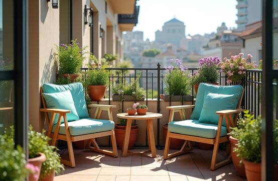 Balcony with chairs and wooden table surrounded by potted flowers plants. Relaxing terrace, urban apartment. Home decor, summer garden, fresh style. City view background. Outdoor furniture.