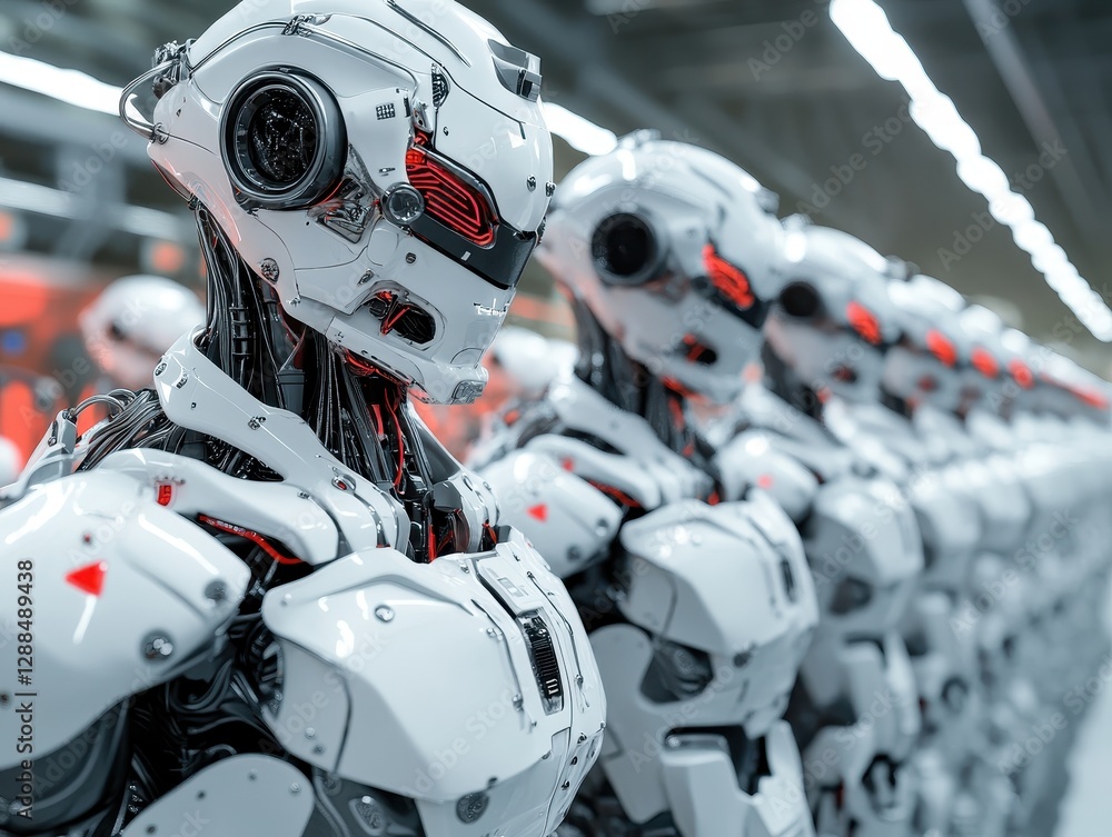 Poster a line of advanced white robots in a futuristic factory setting