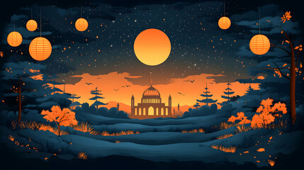 Fototapeta premium Night scene, mosque, forest, lanterns