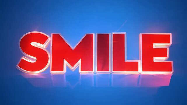 Zoom out video, back light, the word smile in varsity style written in red, on a homogeneous dark blue background, with a white outline around the letters