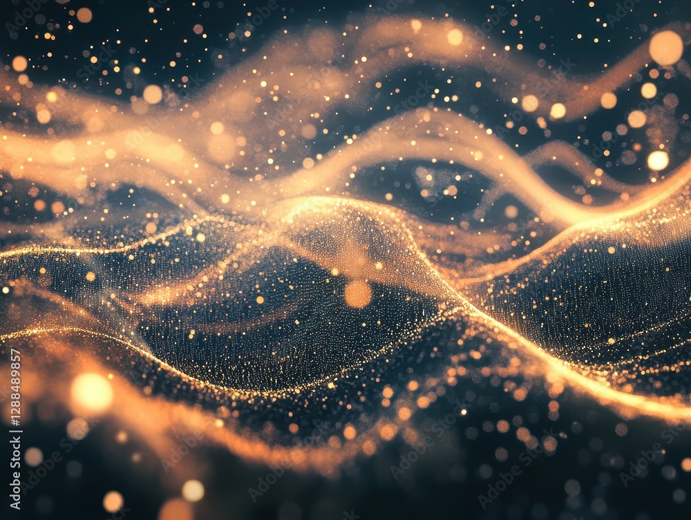 Poster abstract golden particle waveform digital art: a mesmerizing display of glowing particles forming el
