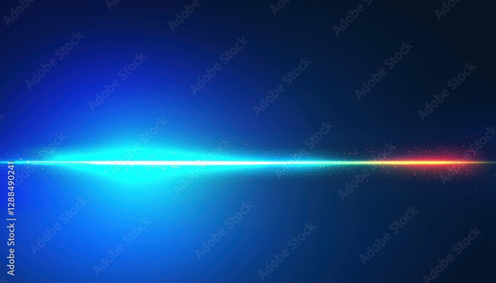 Poster horizontal light streak crossing dark blue background with sparkling particles