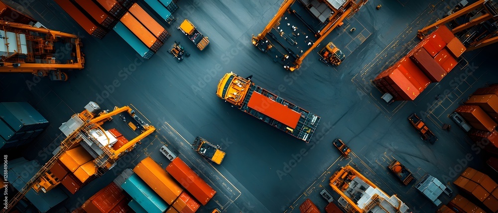 Poster aerial drone view overlooking the complex and meticulously coordinated of a bustling port terminal f