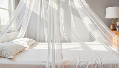 Cozy bedroom with a four-poster bed and mosquito net on white sheets, World Malaria Day