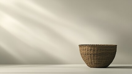 Minimalistic woven bowl rests on simple surface, illuminated by