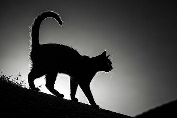 silhouette of a black cat with arched back, perfect for Halloween at night with moon