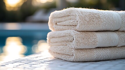 Stacked towels by pool at sunset