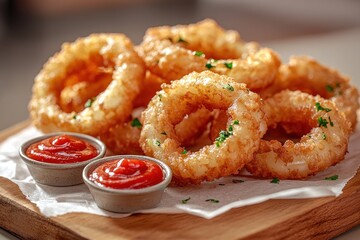 Onion rings served with ketchup on wooden board, bright daylight, close-up