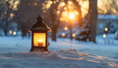 Warm sunlight shine on lantern place on ground of snow winter time and copy space Christmas decoration.