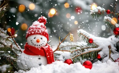 Obraz premium Decoration with a cute cheerful snowman in the snow in the winter forest Christmas wallpaper.