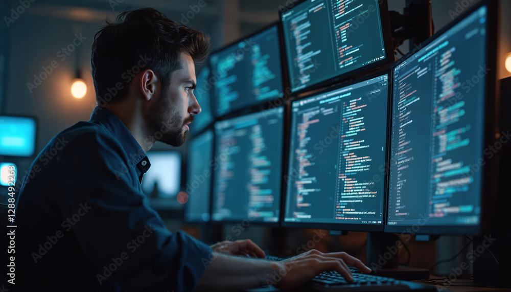 Fototapete Software developer codes on multiple monitors in dark office. Programmer works on desktop computer, types on keyboard. engineer writes program, algorithm. Cybersecurity specialist protect data, cloud