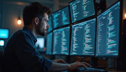 Software developer codes on multiple monitors in dark office. Programmer works on desktop computer, types on keyboard. engineer writes program, algorithm. Cybersecurity specialist protect data, cloud