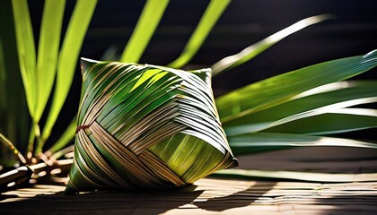 Original and authentic photo of sunlight shining softly on traditional Indonesian ketupat made from coconut leaves. Made during Ramadan to welcome Eid al-Fitr
