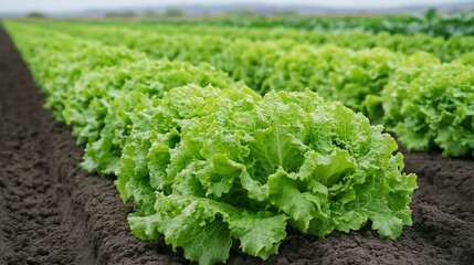 A field of green lettuce growing in neat rows under a cloudy sky